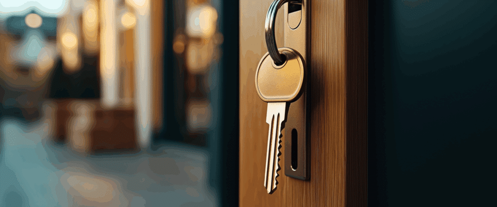 Clé dorée suspendue dans la serrure d'une porte en bois entrouverte, révélant un intérieur lumineux et chaleureux.