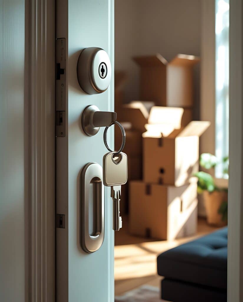 Clé sur une poignée de porte entrouverte révélant une pièce lumineuse avec des cartons de déménagement et un canapé foncé.
